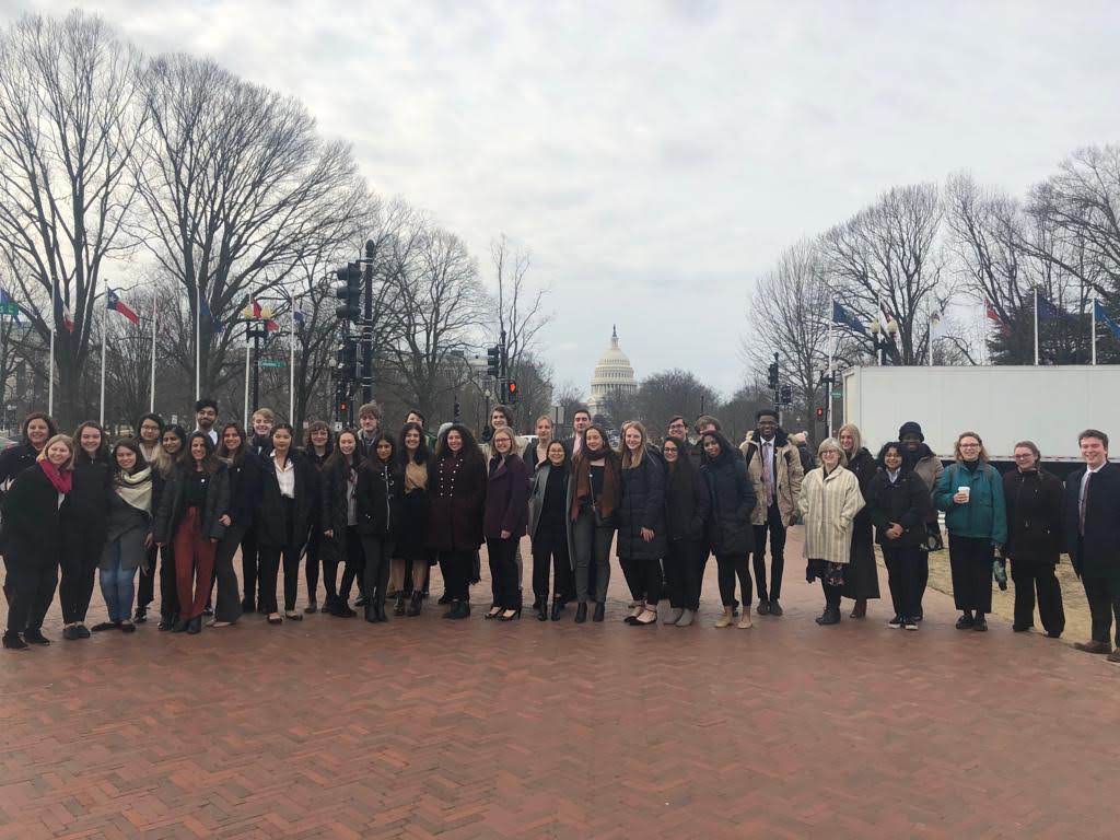 一大群学生站在那里，在寒冷的天气里穿着外套，从他们身后光秃秃的树枝之间可以看到国会大厦的圆形顶部。